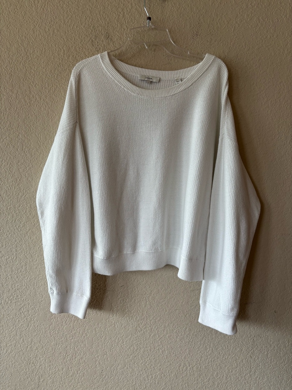 Vince Waffle Knit Cropped Crewneck Sweater Boxy Balloon Sleeve Large White